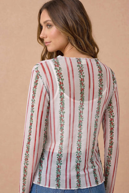 Plus Mistletoe Semi Sheer Mesh Frilled Hem Top