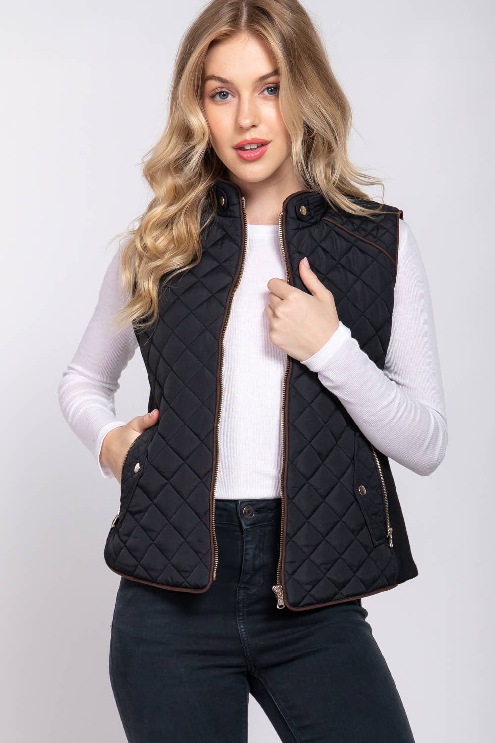 Ginny Full Size Suede Piping Detail Rib Quilted Padding Vest