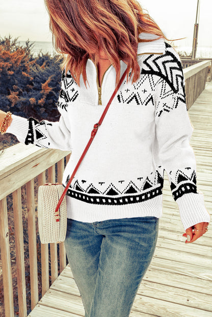 White Geometry Knit Quarter Zip Sweater