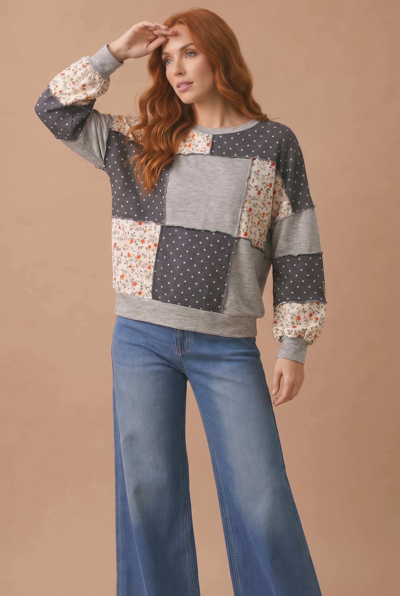 Plus Round Neck Mixed Print Patchwork Pullover