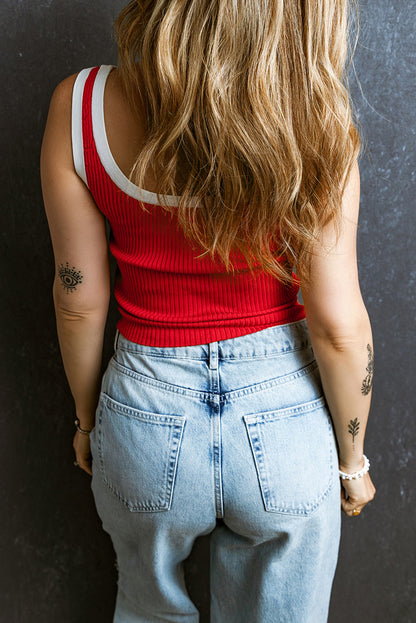 Colorblock Edge Ribbed Knit U Neck Tank Top in Fiery Red