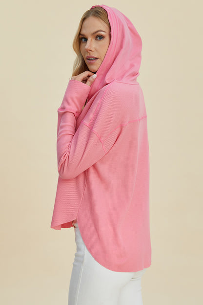 Double Take Full Size High-Low Dropped Shoulder Long Sleeve Hoodie - Multiple Colors