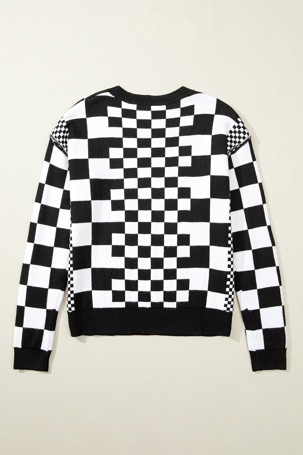 Black Checkered Print Drop Shoulder Round Neck Sweater