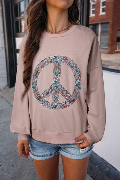 Floral Peace Symbol Drop Shoulder Sweatshirt