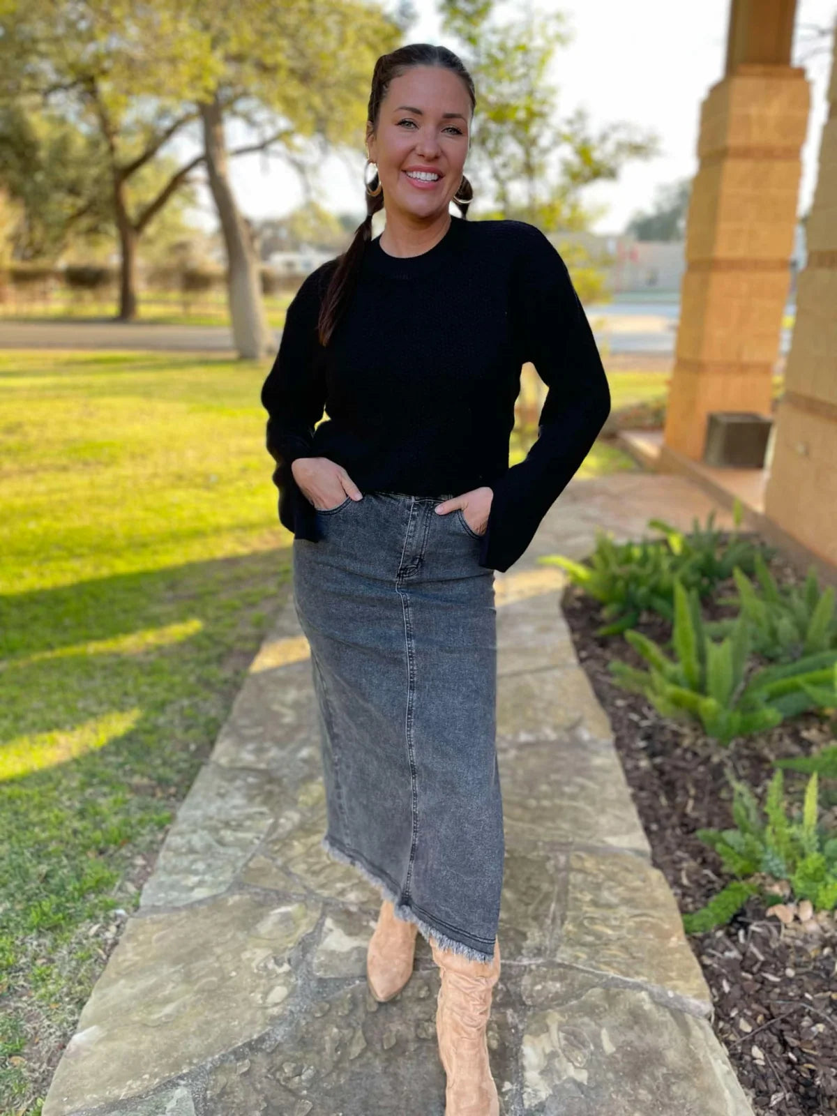 ONE ELEVEN NORTH Black Midi Denim Skirt