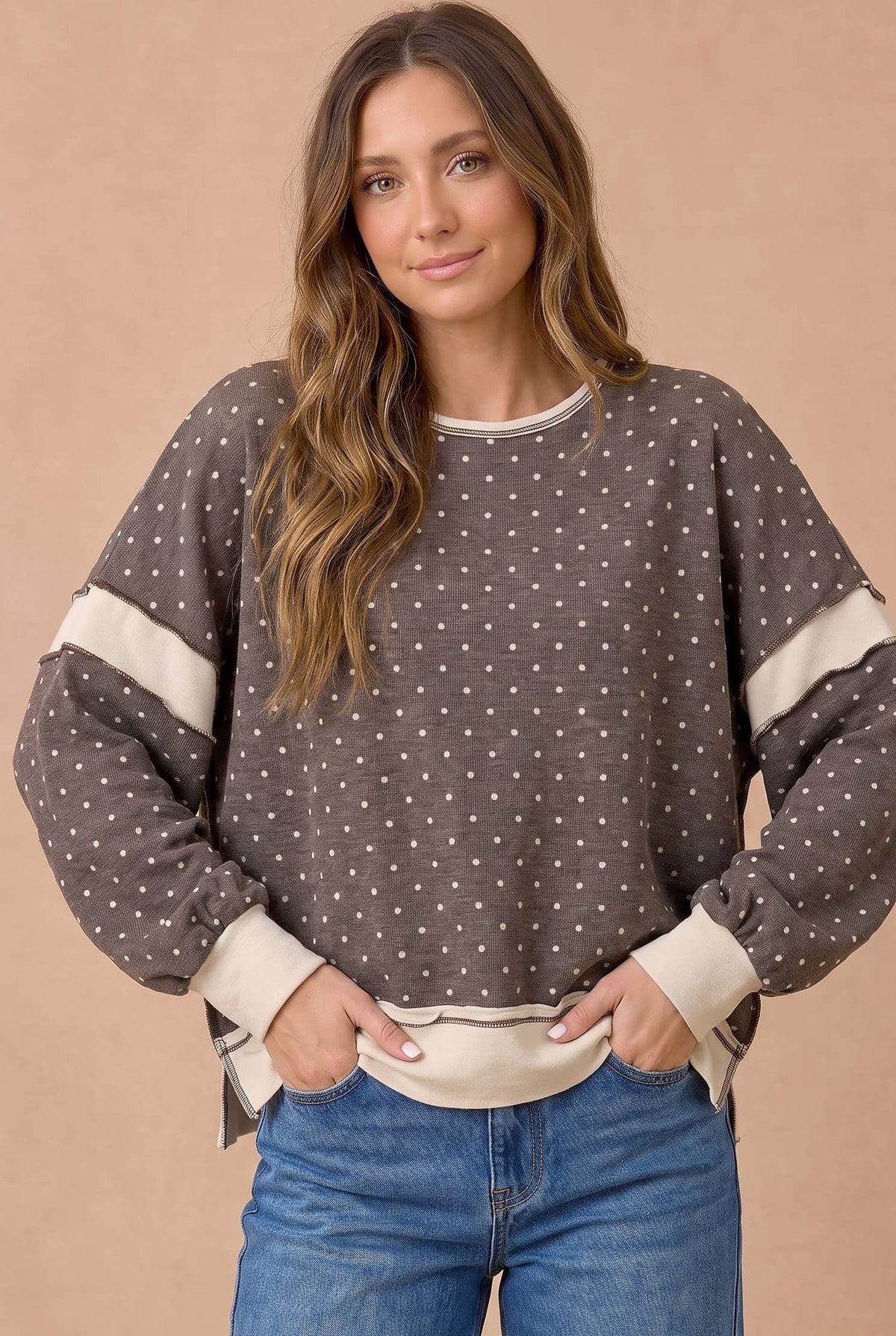 Polka Dot Color-block Cutout Back Full Size Pullover