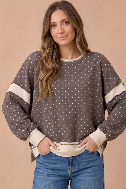 Polka Dot Color-block Cutout Back Full Size Pullover