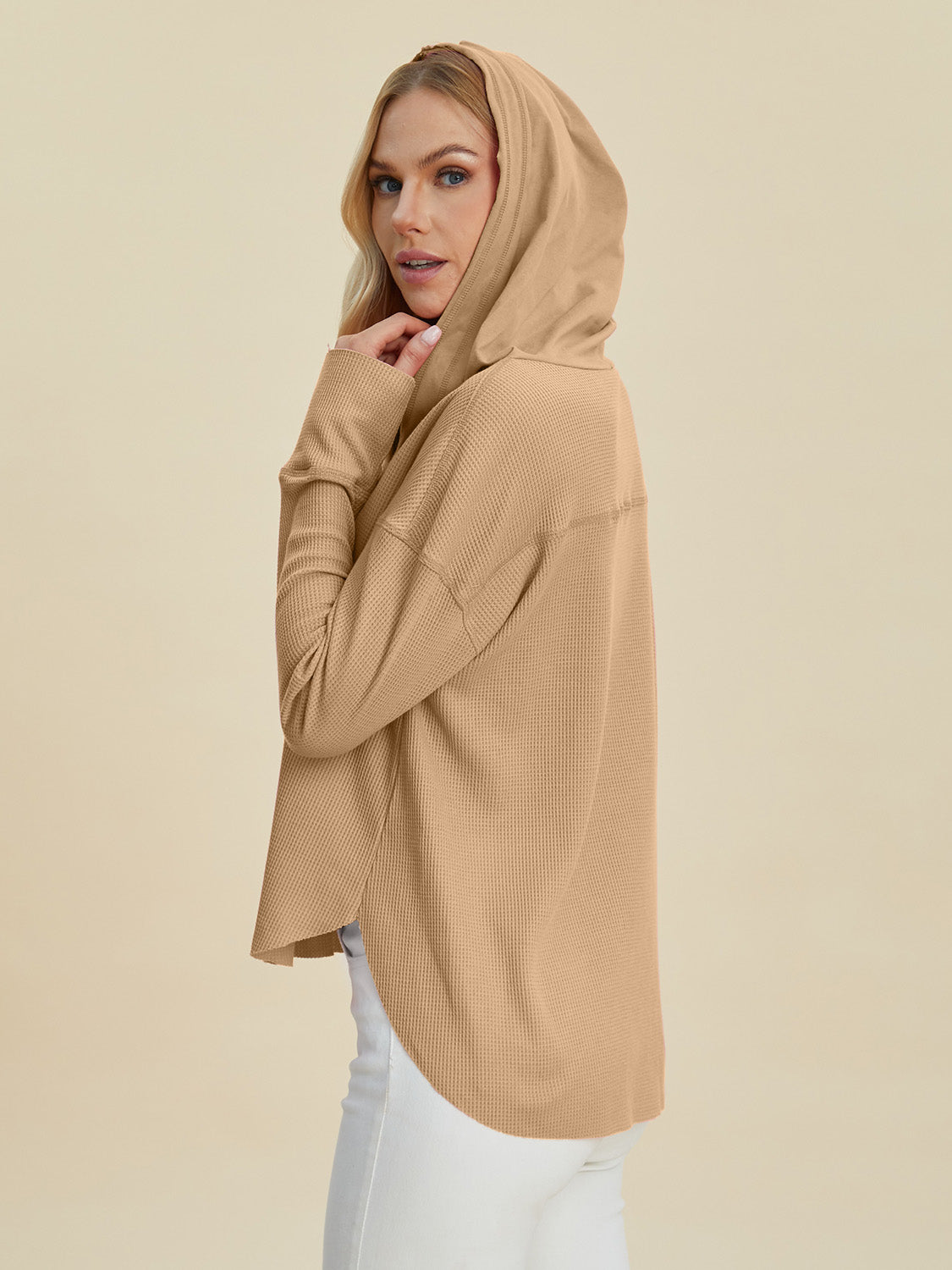 Double Take Full Size High-Low Dropped Shoulder Long Sleeve Hoodie - Multiple Colors