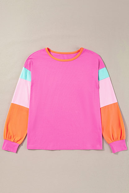 Rose Red Colorblock Patchwork Long Sleeve Loose Top