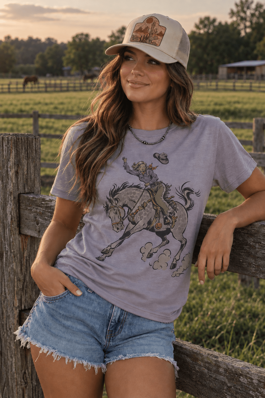 Halloween Cowgirl Bucking Horse Graphic Tee