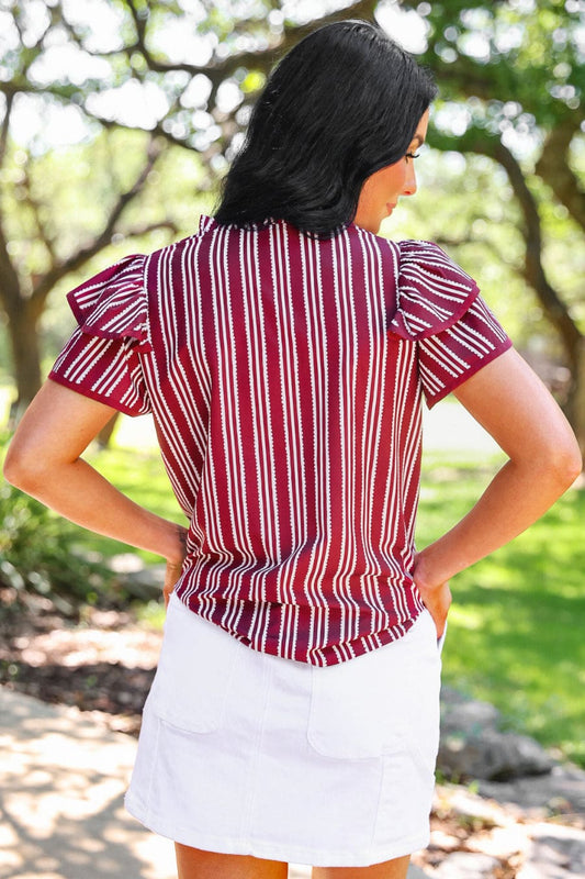 Layla Striped Flutter Sleeve Blouse- Maroon
