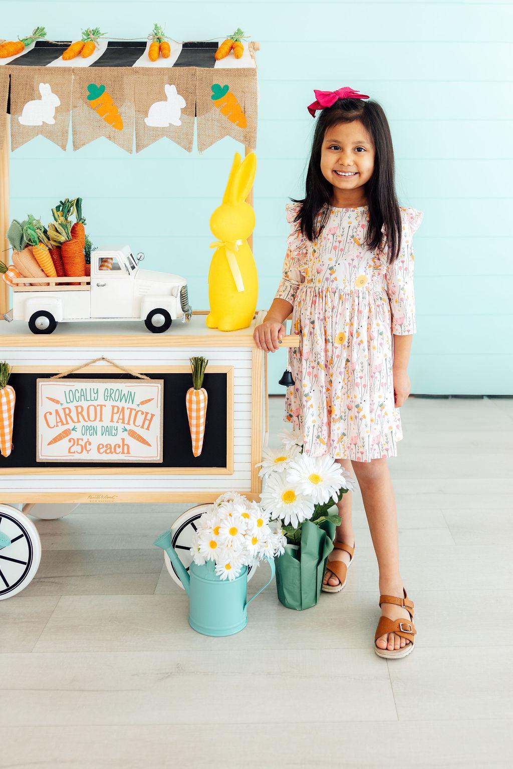Carrot Cutie 3/4 Sleeve Ruffle Twirl Dress