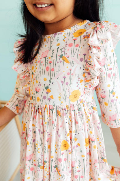 Carrot Cutie 3/4 Sleeve Ruffle Twirl Dress