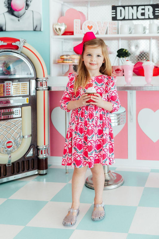 Fluttering Hearts 3/4 Sleeve Ruffle Twirl Dress