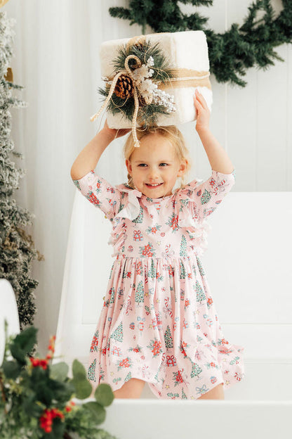 Pink Christmas 3/4 Sleeve Ruffle Twirl Dress