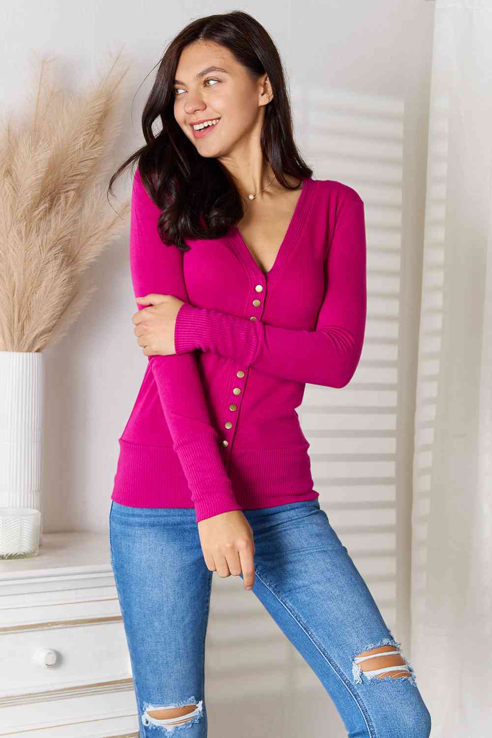 Zenana Full Size V-Neck Long Sleeve Snap Down Cardigan